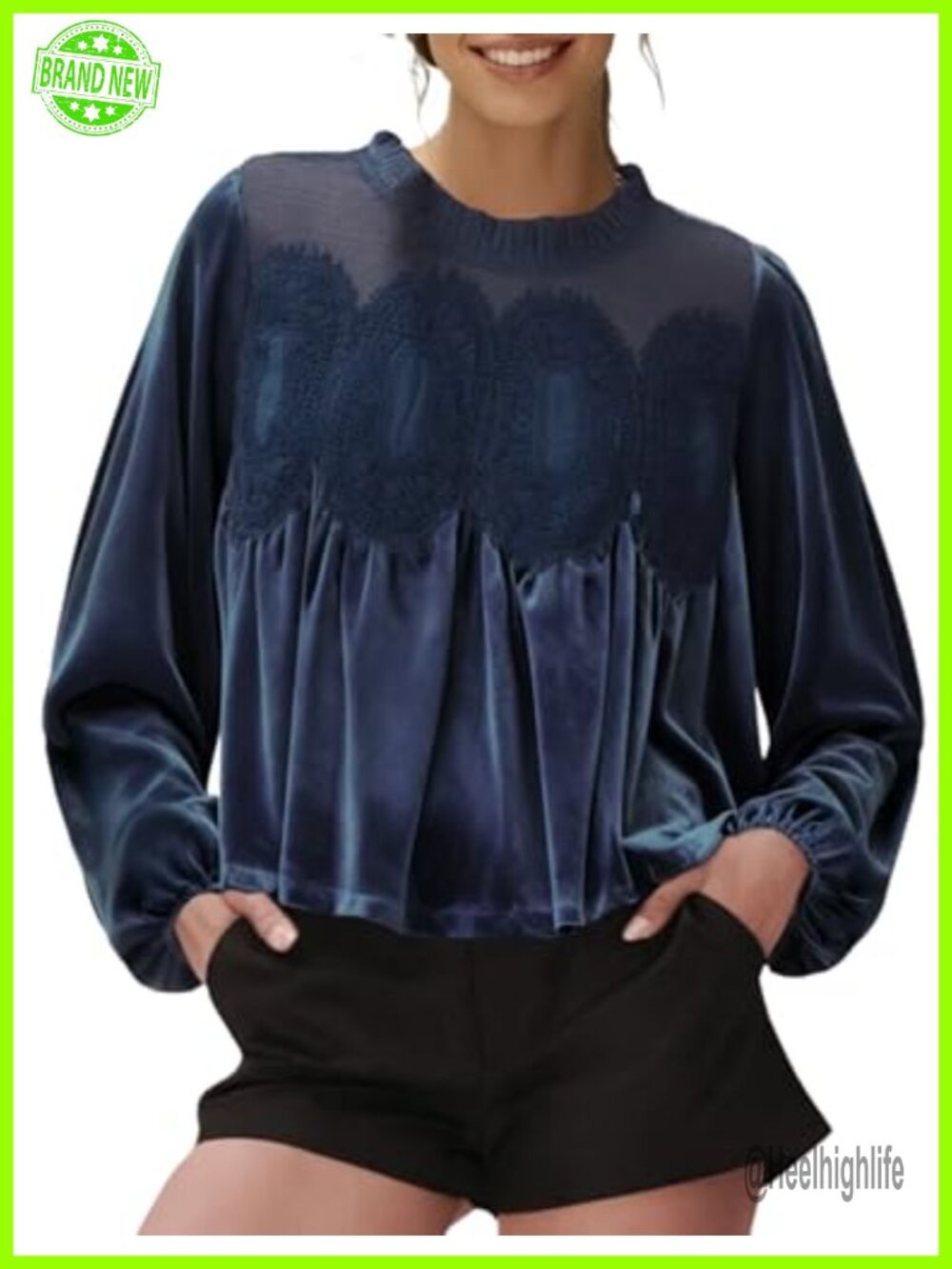 Long Sleeve Velvet Trim Lace Blouse Flared Pullover Top